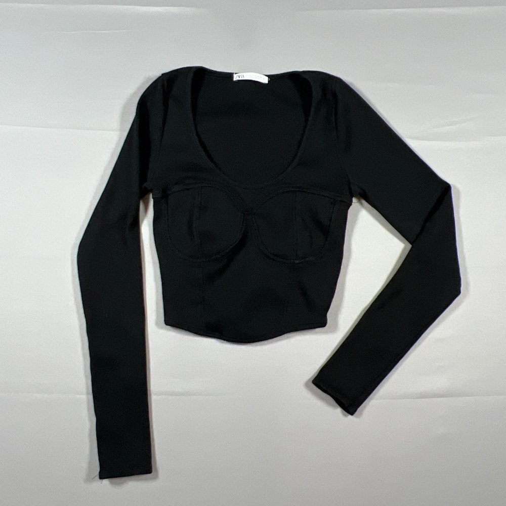 Zara Long Sleeve Corset Top Womens M Black Cotton Stretch Ribbed Knit Cropped